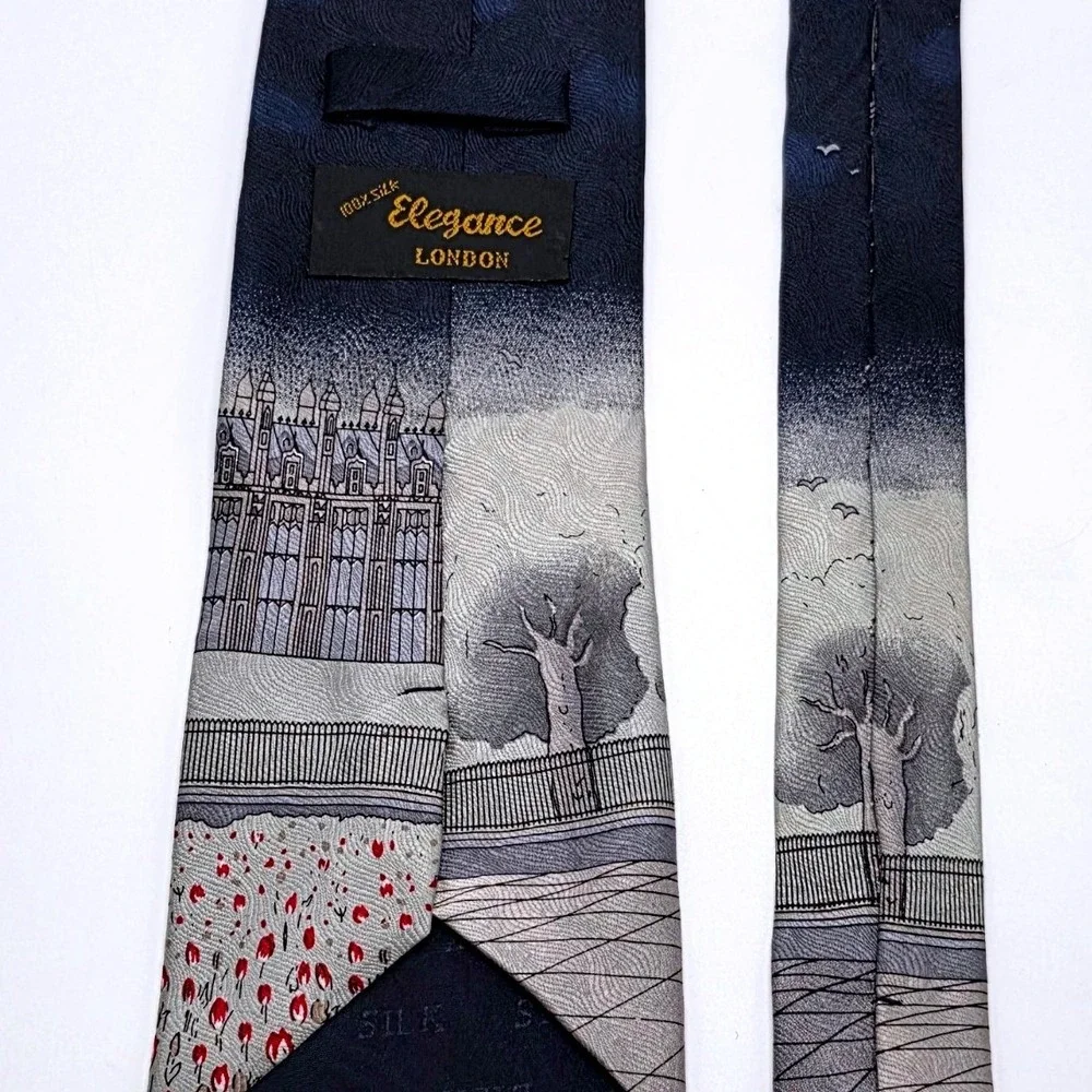 Elegance London Mens Silk Tie Big Ben Red Bus Italian Design Navy Blue 4‎ Inch
